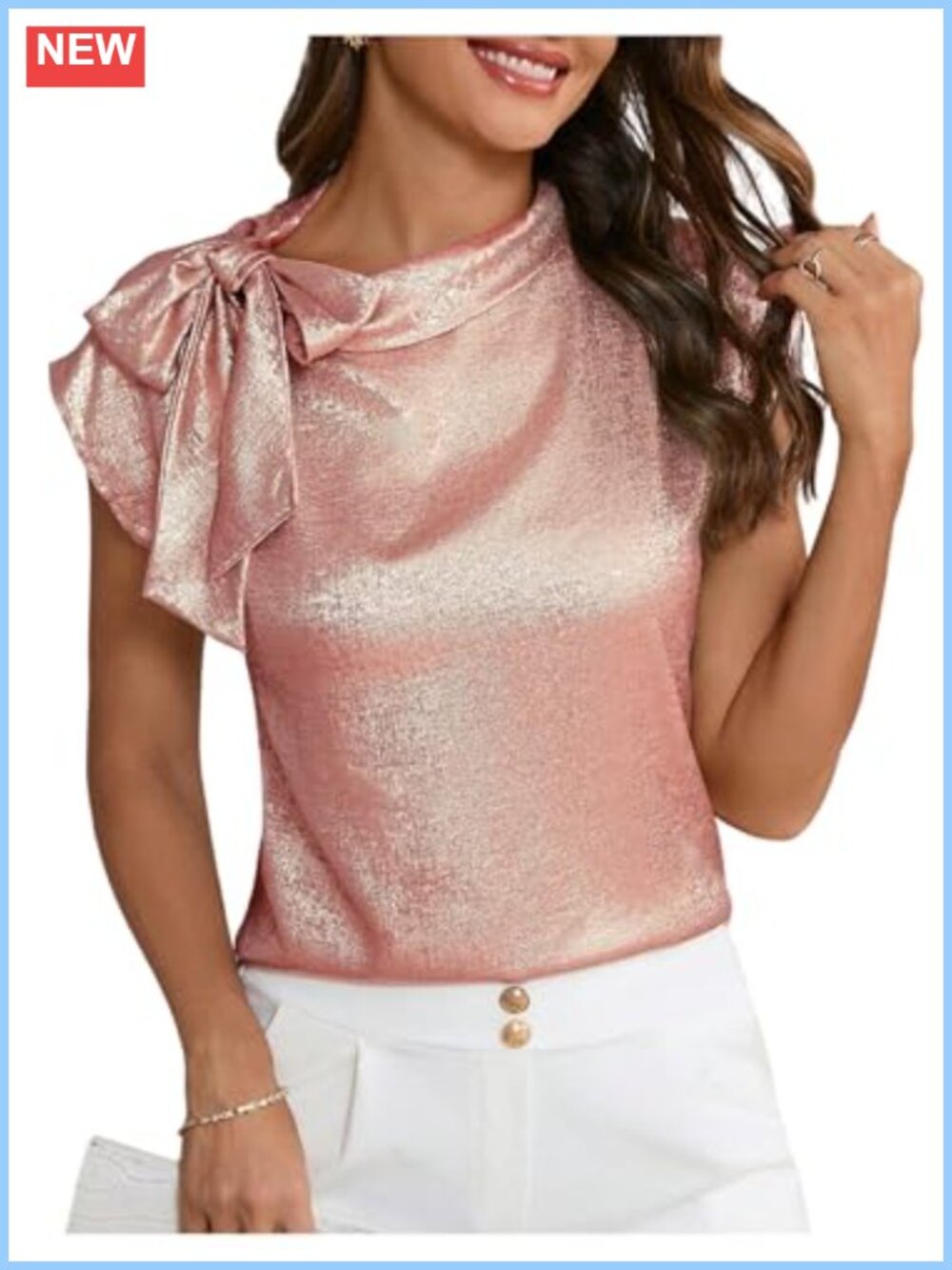 Metallic Bow Tie Mock Neck Cap Sleeve Blouse Elegant Summer Top